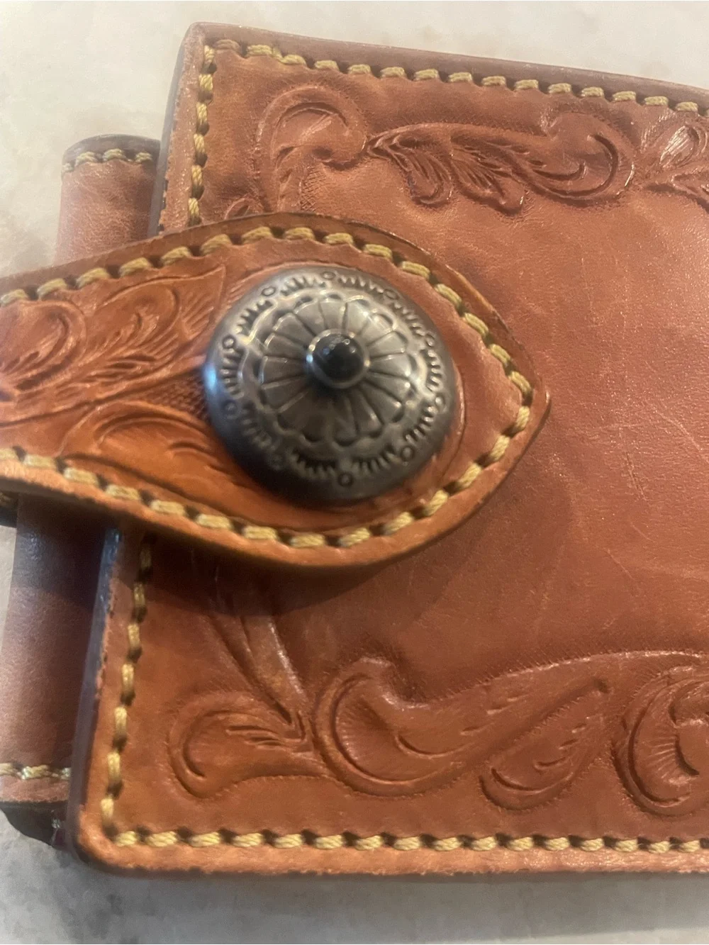 Men's Tooled Leather Wallet with Snap Closure - Brown